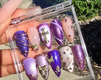 Purple Press-On Nails, Glitter Charms, Rose-Gold Nails
