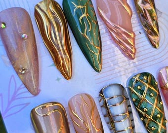 Handmade Boho Press-On Nails, Gold Sculpted Marble Jewel Designs