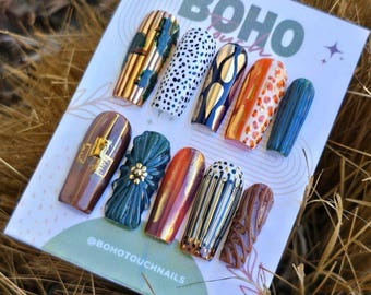 Boho Square Abstract Earth Tone Gold Chrome Press On Nails