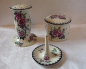 SALE Early 20thc. Antique Pink Rose Dressing Table Set Hatpin Stand Trinket Pot with Lid Ring Stand 39 Hawkstone 39 Losol Ware Keeling Co