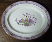 Antique Purple Transferware Chinoiserie Meat Platter 39 Musician and Lady with Fan 39 Pattern 16 quot x 12 3 4 quot 41cms x 32.5cms