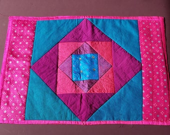 Patchwork Hand Made Boho Place Mat Jewel Colours Pink Purple Turquoise Sequin Detail Sari Silks and Cotton Blend 45cms x 30cms 18" x 12"