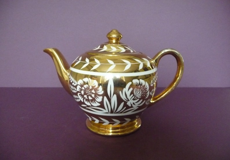 1950s Gold and Cream Teapot Sadlers 6 Cup Celebration Golden Anniversary Wedding