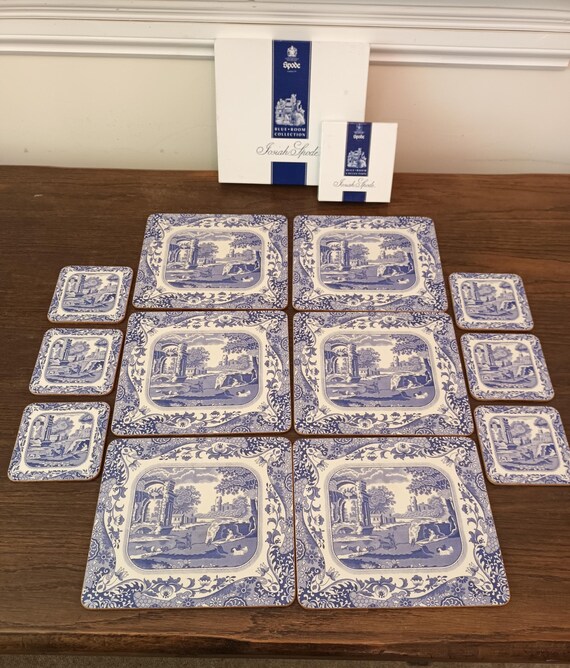 Spode Italian Placemats Coasters Set: Blue White Ceramic Cork