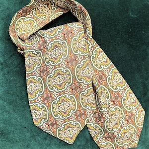 Vintage Silk Cravat Ascot Green Yellow Terracotta Paisley  Wedding Neck Wear Neck Tie Men Gift Retro Dandy 42&quot;
