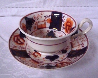 SALE: Antique Early-Mid 19thc. Gaudy Welsh Tea Cup and Saucer 'Buckle' Pattern