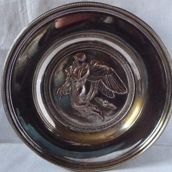 SALE: Antique Victorian Edwardian Silver Plated Dish Winged Goddess Artemis Minerva Children Owls E&S 26cms 10 1/4"