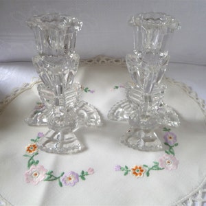 Pair of Vintage Bagley Clear Pressed Crystal Glass &#39;Duchess&#39; Candlesticks 13.5cms 5 1/4&quot;