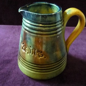 Inizio 20thc Antico belga Drip Glaze Cream Jug Pitcher Creamer Nieuport Bains WW1 3 1/2 &quot;9cms