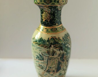 20thc Chinese 'Satsuma Style' Zhi Zao Vase Green Gold Hand Painted 8" 20cms