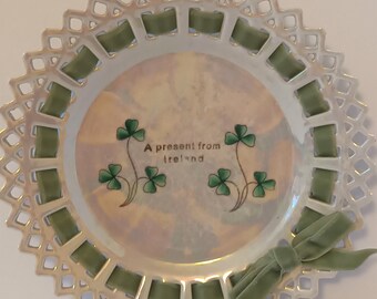Edwardian Ribbon Plate 'A Present from Ireland' Lustre Porcelain Green Velvet Ribbon Made in Germany  7 3/4" 19.5cms