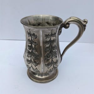 Antique Victorian Tankard Silver Plated Floral Bands Inscribed &#39;RTL Sept 5th 1867&#39; 5 1/2&quot; 14cms