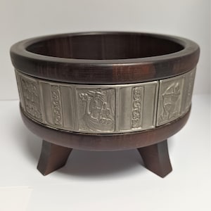 Norwegian Wooden Bowl Pewter Band Viking History St Olaf Heilag Olav Og Hans Menn Scandinavian Tinn  7&quot; x 4 1/2&quot; 17.5cms x 11cms
