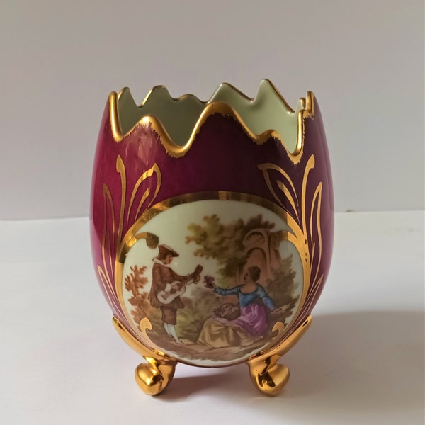 Limoges Deep Red Egg Shaped Vase Fragonard Lovers 4 3/4" 12cms