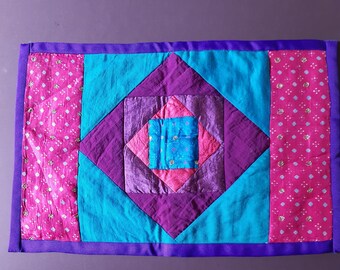 Patchwork Hand Made Boho Place Mat Jewel Colours Pink Purple Turquoise Sequin Detail Sari Silks and Cotton Blend 45cms x 30cms 18" x 12"