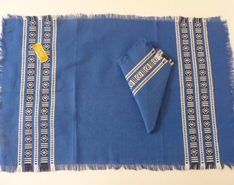 Mid Century Tray Set Place Mat and Napkin Recha Vizela Portuguese Cotton Linen Blend Folk Weave Blue 21 1/2" x 14" and 12" x 12"