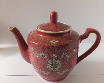SALE: Vintage Chinese Mun Shou Longevity Teapot Deep Rose Pink