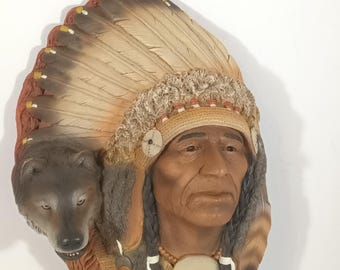 Wolf Call Plaque Native American Chief Wall Plaque Sculpture by