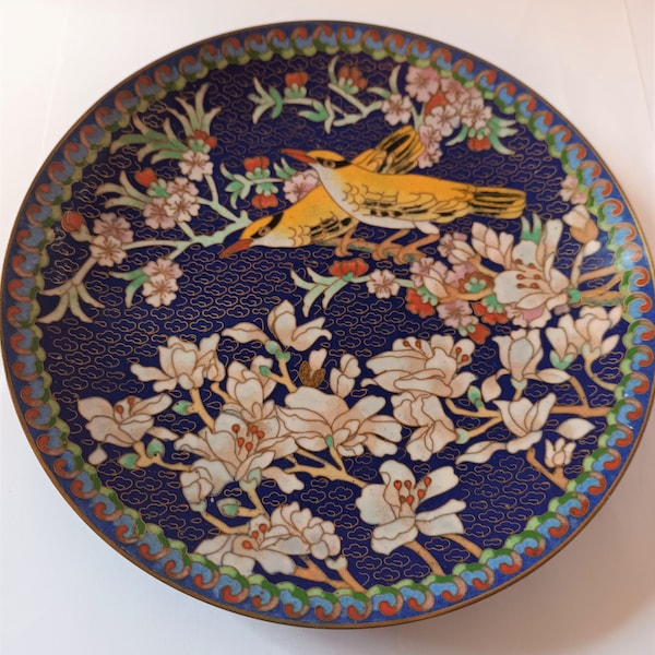 Chinesische Cloisonnee Dish Ching-t'ai-lan Künstler Werkstatt Gelbe Vögel Kobalt Blau Rosa Blüte 1992 18cms