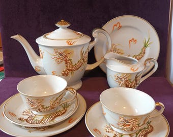 Vintage Japanese Dragon Ware Tea Set: Moriage Geisha Lithophane, 1940s