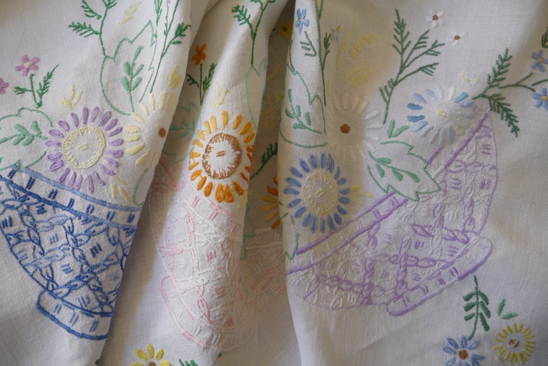 Vintage Hand Embroidered Tablecloth Pastels Daisy Baskets 41 x 42 102.5cms x 105cms