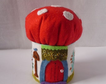 SALE: Fairy Pixie Toadstool 'Posy Cottage' Pin Cushion Hand Embroidered Felt and Velvet 4 3/4"  12cms