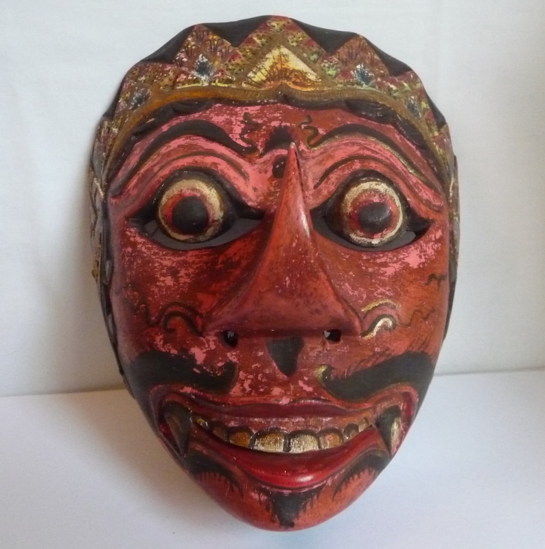 Mid Century Bali Java Maske Geschnitzt Holz Tanz Rote D U00e4mon 8