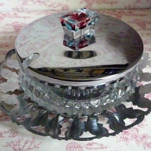 1950s Chrome and Glass Butter Dish Red Rose Lucite Finial 6&quot; 15cms