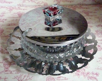 1950s Chrome and Glass Butter Dish Red Rose Lucite Finial 6&quot; 15cms