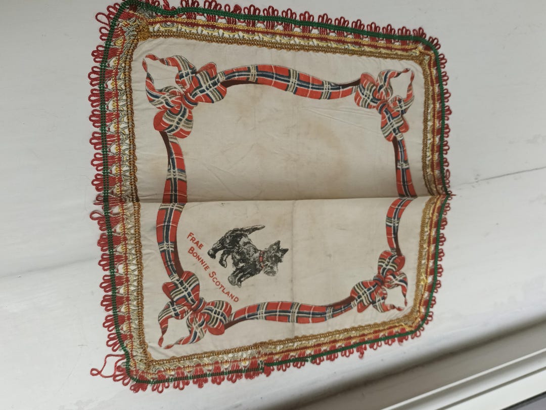 Scotland Mat Vintage Scottish Art Silk Mat: Scottie Dog Tartan Plaid, 1940s Souvenir ...