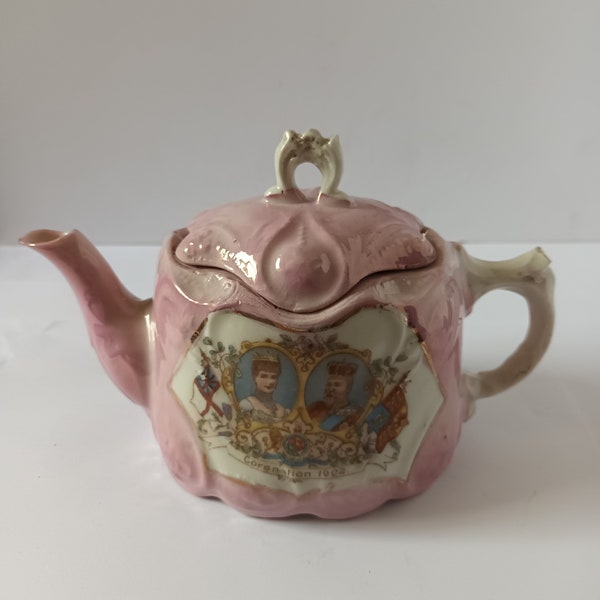 SALE: Small Antique Souvenir Coronation Teapot Edward VII  Continental Pink Lustre Porcelain 2 Cup