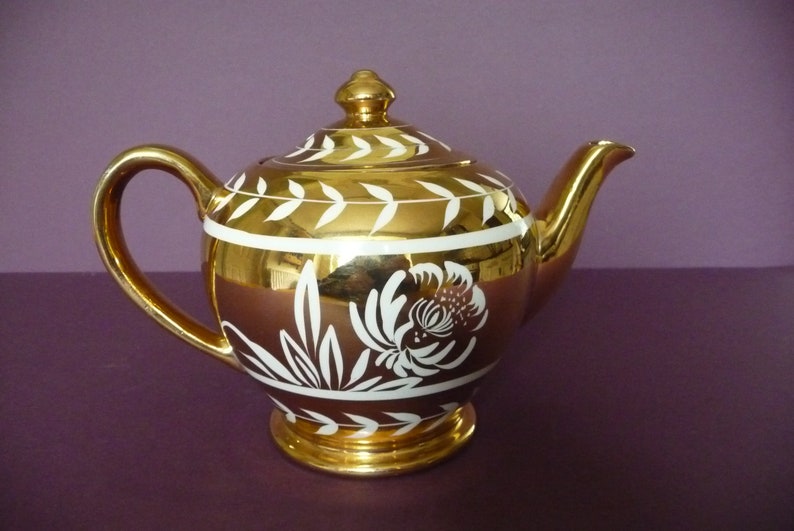 1950s Gold and Cream Teapot Sadlers 6 Cup Celebration Golden Anniversary Wedding