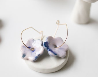 Porcelain earrings, dangle & drop earrings, ceramic jewellery, minimalist jewellery - Erbium porcelain flower pendant earrings