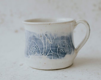 Ceramic coffee mug, rustic ceramic mug, handmade mug, ceramic coffee cup, handmade ceramics - Staffa's Marigolds: drawn mug