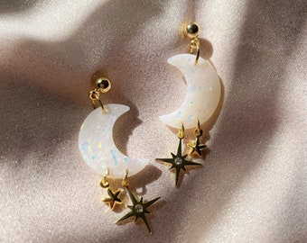Opal Luna Earrings (Mini Size) | Black Gold Clay Drop Dangle Earrings