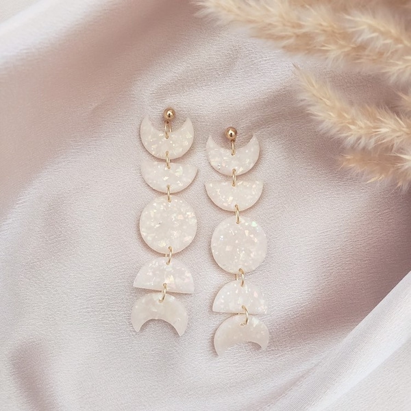 Opal Moon Phase Earrings | White Gold Clay Drop Dangle Earrings