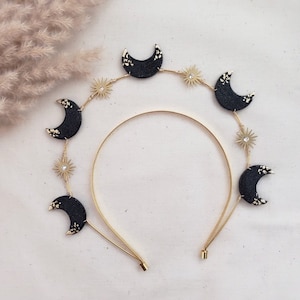 Moon and Stars Swarovski Double Halo Crown Headband | Black and Gold