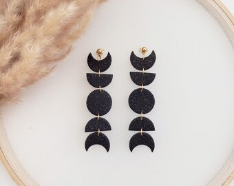 Moon Phase Earrings in Midnight | Black and Gold Clay Drop Dangle Earrings