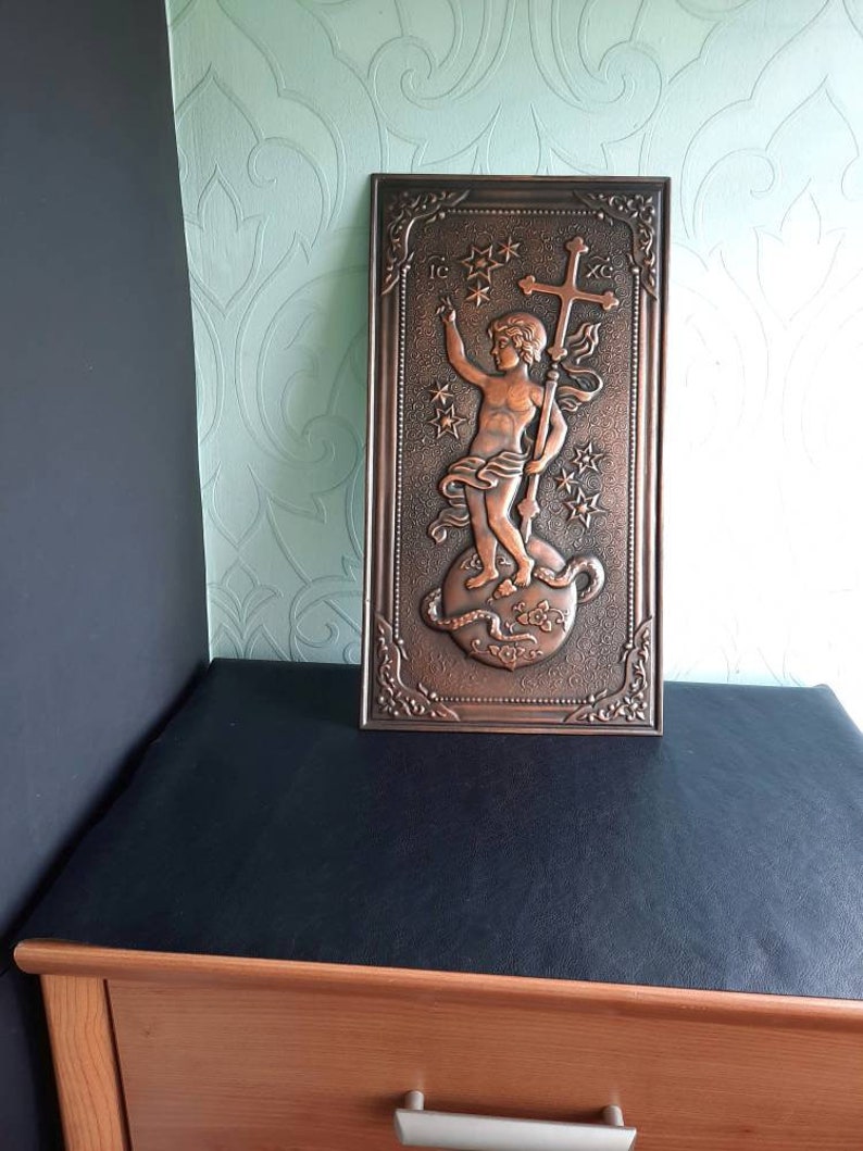 ARCHANGEL MICHAEL Vintage copper wall hanging plate wall decor Copper chasing Woman metal art picture in copper Hand stamping