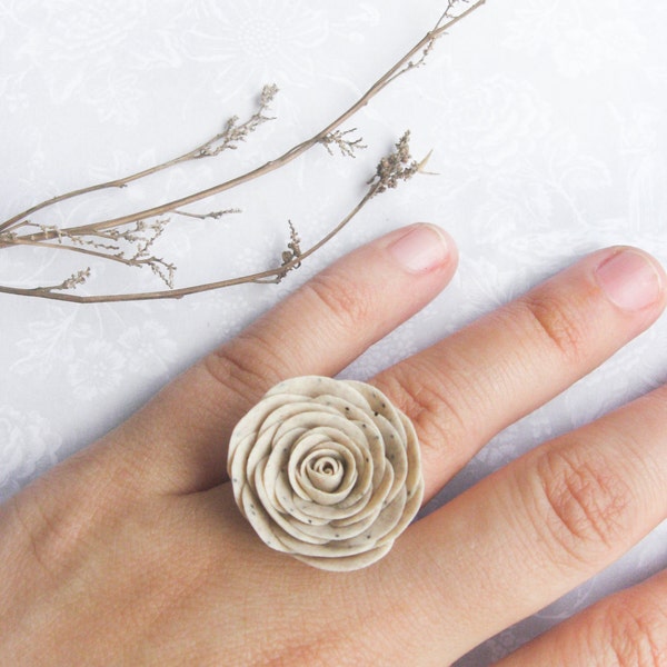 Beige rose ring - Polymer clay rose - Flower ring