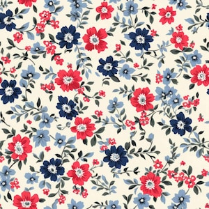 45-inch Vintage Floral Cotton Quilter's Fabric by The Yard Red Blue Flowers on Cream 57 image 1
