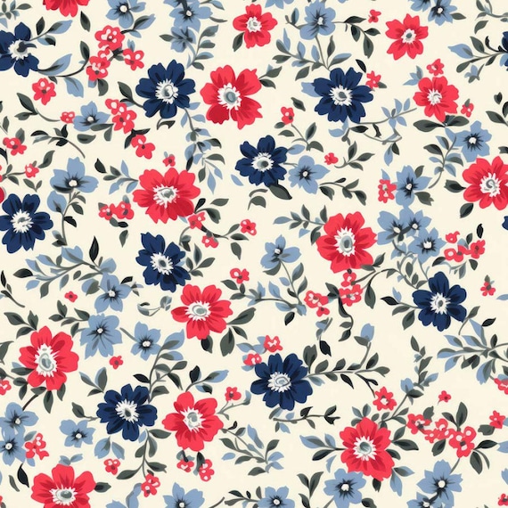 45-inch Vintage Floral Cotton Quilter's Fabric by The Yard Red Blue Flowers on Cream 57