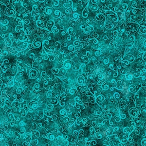 May include: Teal blue background with a repeating pattern of white swirls and curls.