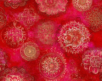 108" extra quilt backing fabric By the Yards 100% cotton Vintage Medallion Lipstick Shades of Red and Yellow