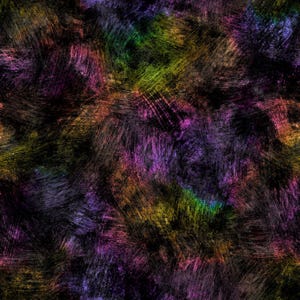 May include: Abstract digital art with a dark background and colorful brushstrokes in shades of purple, green, yellow, and orange. The texture is rough and layered, creating a dynamic and textured effect.