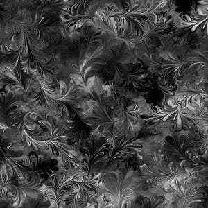 May include: A fabric pattern featuring a monochromatic marbled design with swirling, feather-like motifs in shades of black, charcoal, and white. The intricate, fluid lines create a dense, repeating texture across the entire surface of the material.