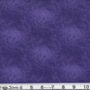 May include: Purple fabric with a repeating pattern of small, light gray leaves and vines. The fabric is textured and has a slight sheen.