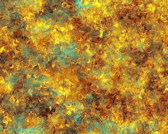 108" Extra Wide Quilt Backing By The Yard  Cotton Dream Spin Caribbean Bronze Gold, Teal, Rust
