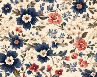 45-inch Vintage Floral Cotton Quilter's Fabric by The Yard Navy and Light Rust on Cream Background 56