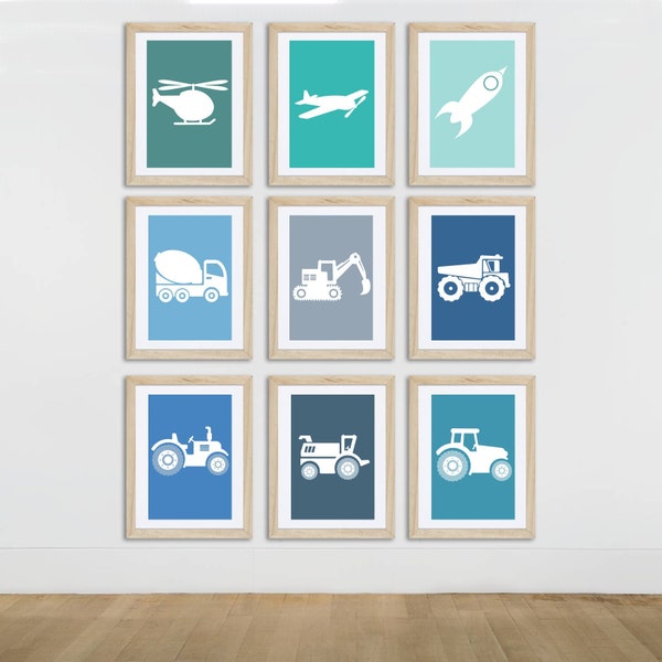 9 posters enfant engins, tracteur, chantier, ferme, camion, 20 x 30 cm